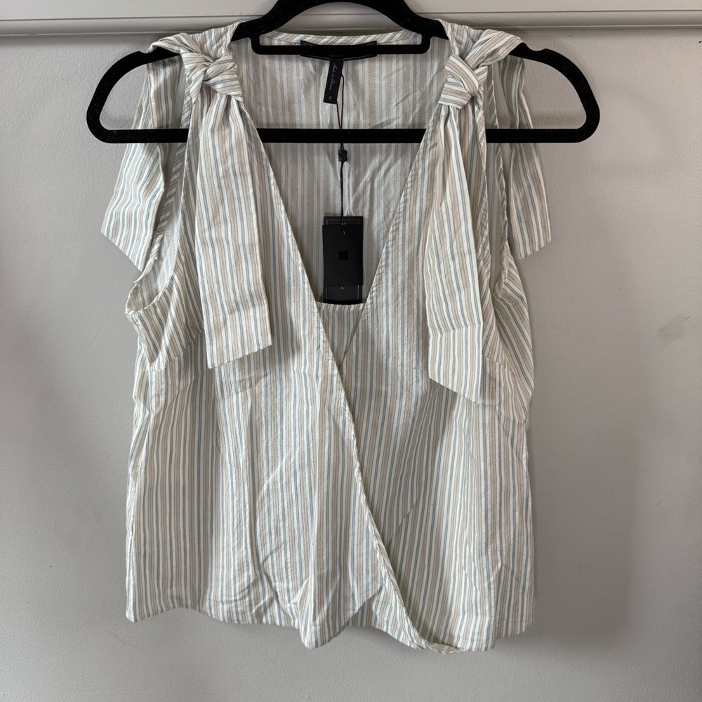 BCBG Striped Sleeveless Top Tie Shoulder V Neckline